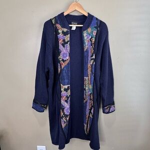 VTG Koos of Course! Navy Blue Long Cardigan Sweater Applique Artsy Folk Art 2X